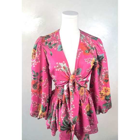 Augua Bendita Dresses & Skirts - Agua Bendita Pink Floral Tropical Resort Ruffle Skirt‎ and Wrap Top Set Sz M